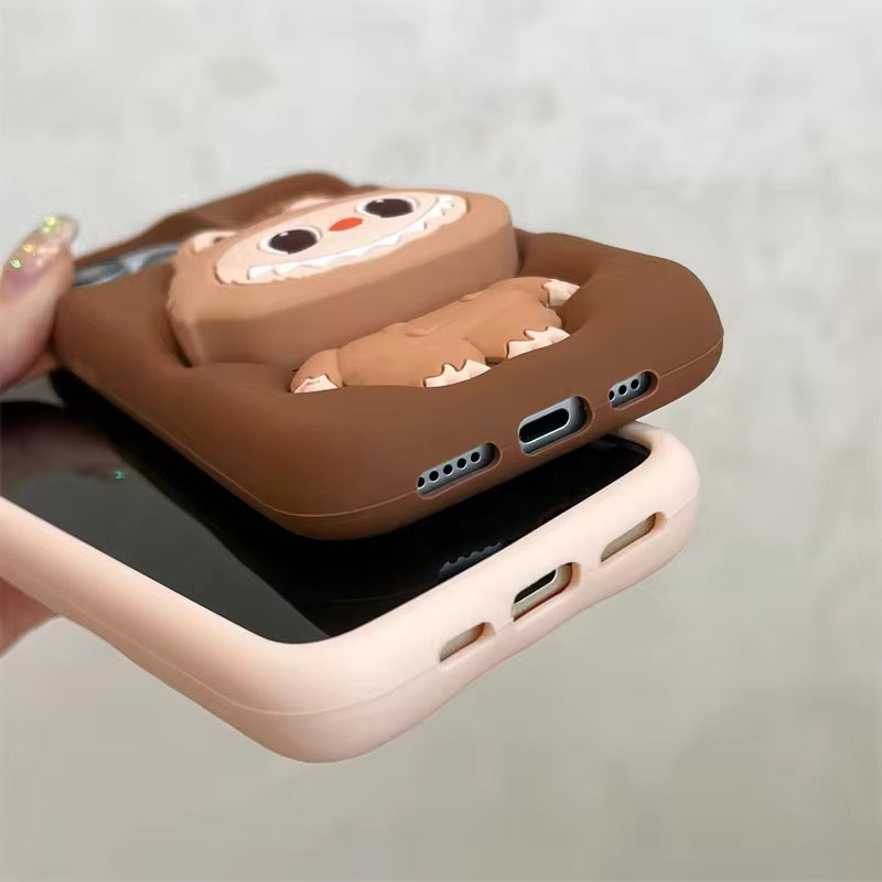 Protective Apple iPhone Back Cover - 3D LabubuPhone Holder Brown Beige Trending Shockproof Rubber Silicone iPhone Case - Style 8
