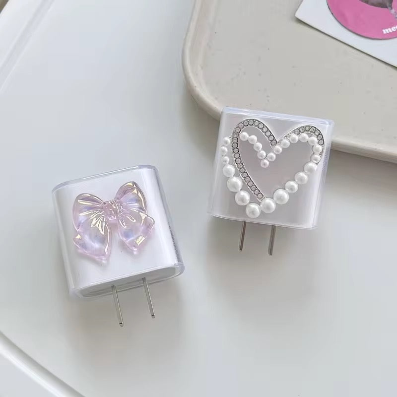 Protective Apple iPhone Back Cover - Cute Pink Bow Transparent iPhone Adapter Charger Cable Wire Protector Set - Style 5