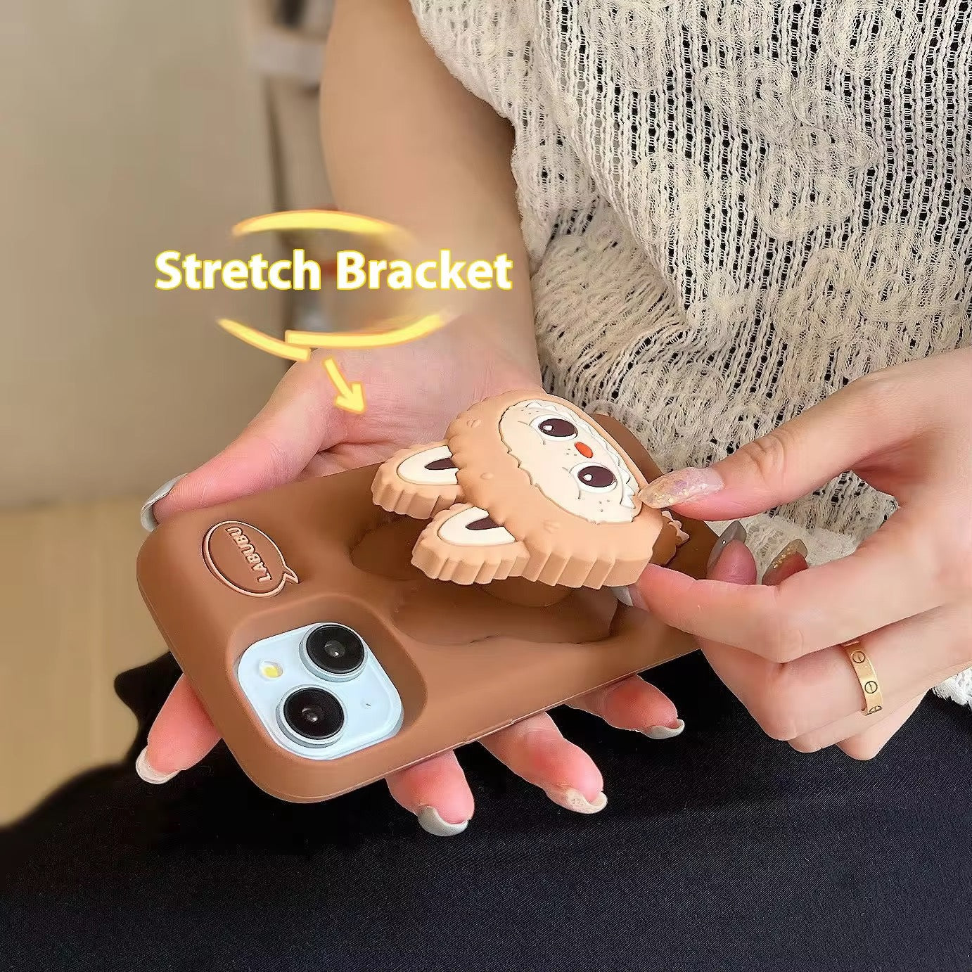 Protective Apple iPhone Back Cover - 3D LabubuPhone Holder Brown Beige Trending Shockproof Rubber Silicone iPhone Case - Style 4
