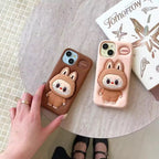 Protective Apple iPhone Back Cover - 3D LabubuPhone Holder Brown Beige Trending Shockproof Rubber Silicone iPhone Case - Style 2
