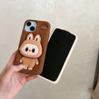 Protective Apple iPhone Back Cover - 3D LabubuPhone Holder Brown Beige Trending Shockproof Rubber Silicone iPhone Case - Style 6
