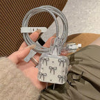 Protective Apple iPhone Back Cover - 3D White Silver Bow Silver Pre-Order Diamond iPhone Adapter Charger Cable Wire Protector Set - Style 4