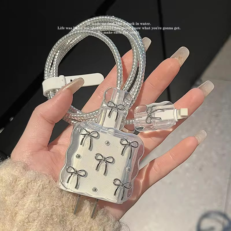 Protective Apple iPhone Back Cover - 3D White Silver Bow Silver Pre-Order Diamond iPhone Adapter Charger Cable Wire Protector Set - Style 3