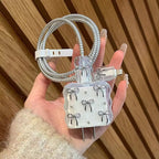 Protective Apple iPhone Back Cover - 3D White Silver Bow Silver Pre-Order Diamond iPhone Adapter Charger Cable Wire Protector Set - Style 5