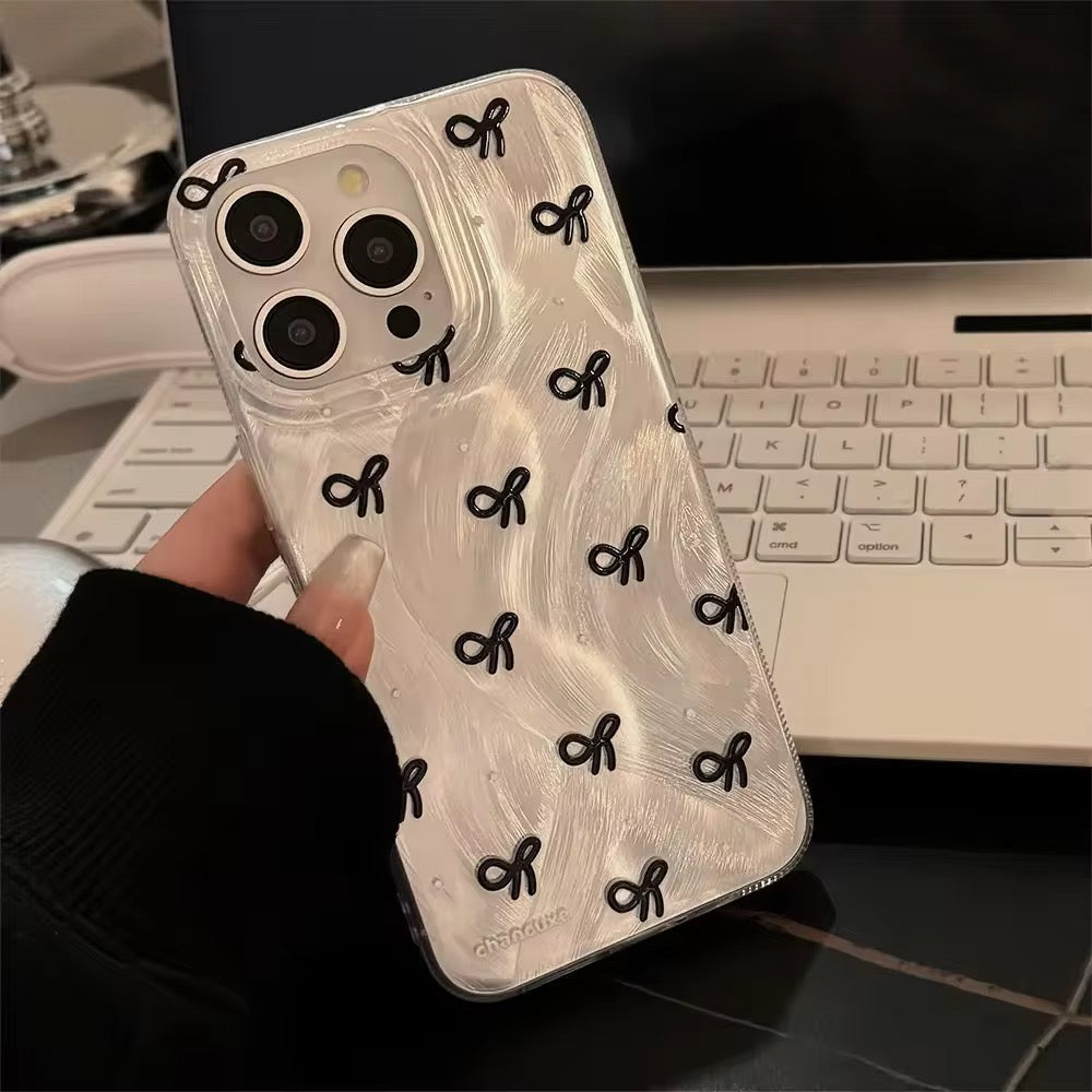 Protective Apple iPhone Back Cover - Silver Gradient Glossy Laser Black Bow iPhone Case - Style 2