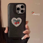 Protective Apple iPhone Back Cover - Embroidery Love Cherry Protective Black Textured iPhone Case
