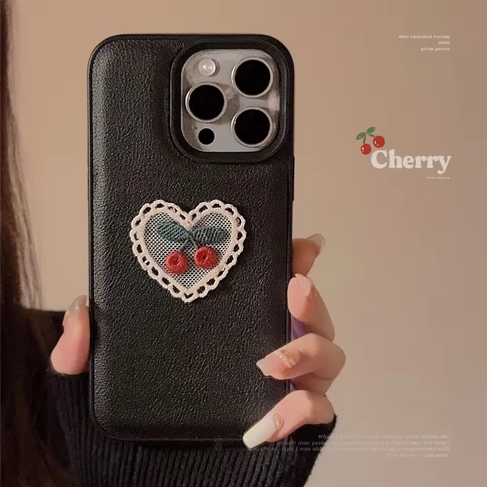 Protective Apple iPhone Back Cover - Embroidery Love Cherry Protective Black Textured iPhone Case