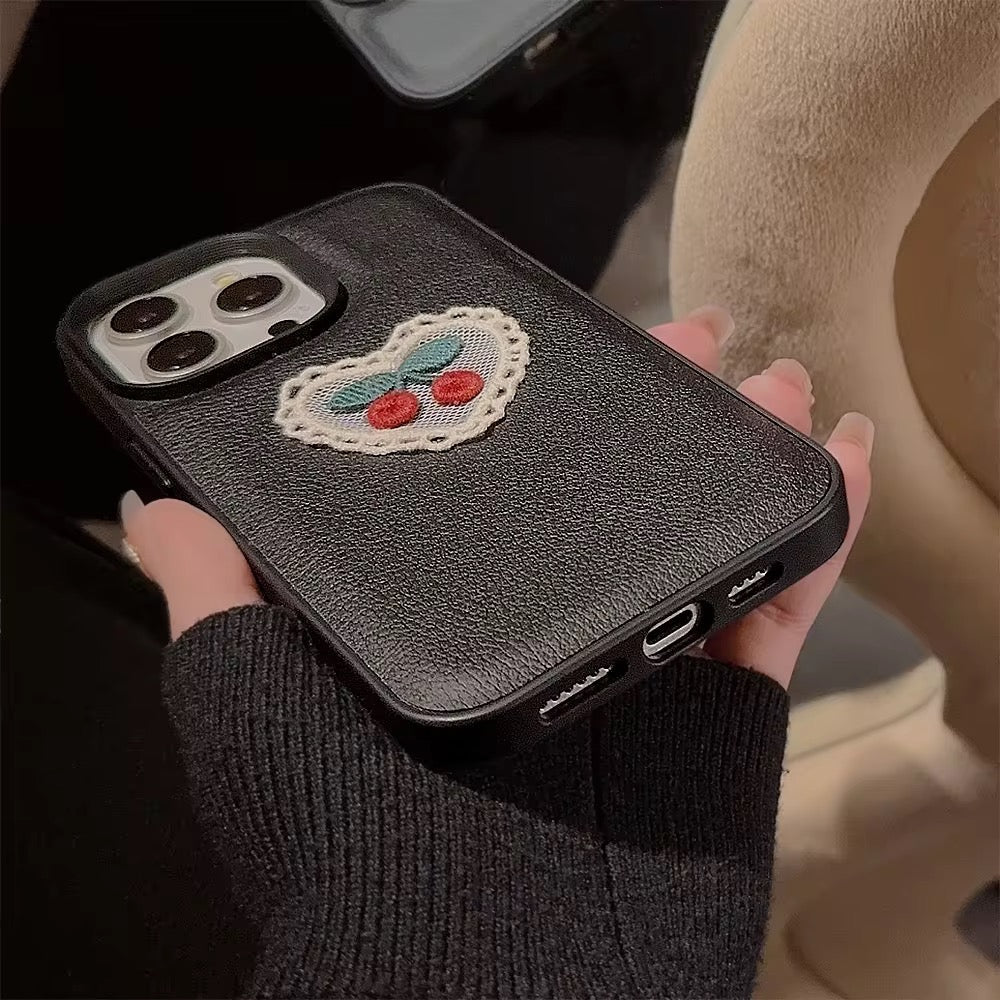 Protective Apple iPhone Back Cover - Embroidery Love Cherry Protective Black Textured iPhone Case - Style 5