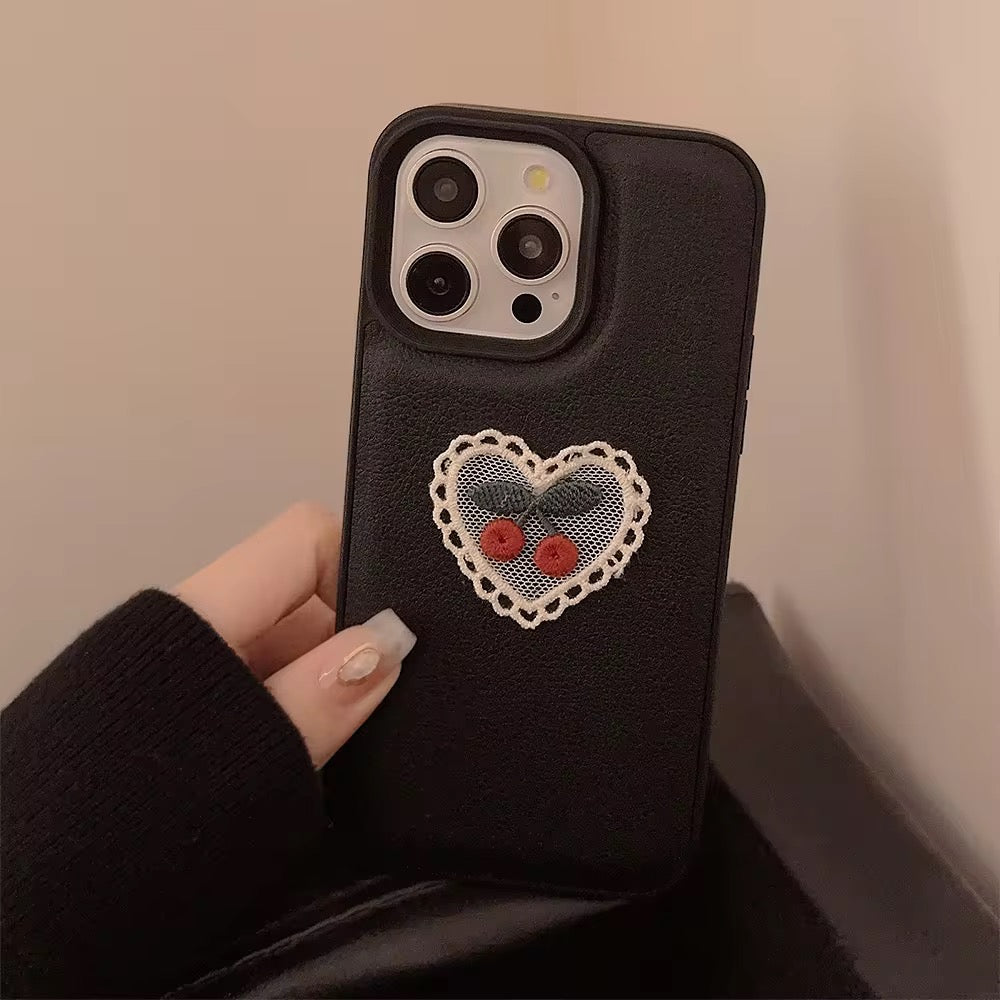 Protective Apple iPhone Back Cover - Embroidery Love Cherry Protective Black Textured iPhone Case - Style 3