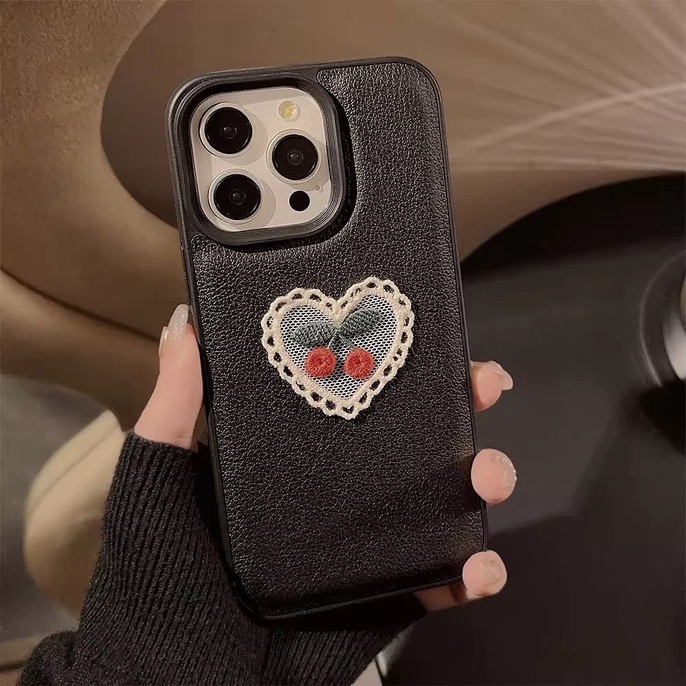 Protective Apple iPhone Back Cover - Embroidery Love Cherry Protective Black Textured iPhone Case - Style 2