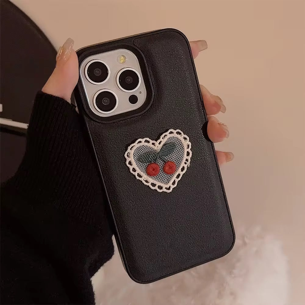 Protective Apple iPhone Back Cover - Embroidery Love Cherry Protective Black Textured iPhone Case - Style 4
