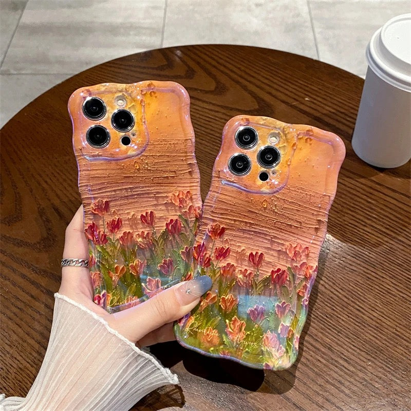 Protective Apple iPhone Back Cover - Orange Sunset Laser Floral Flowers Holographic iPhone Soft Silicone Case - Style 4