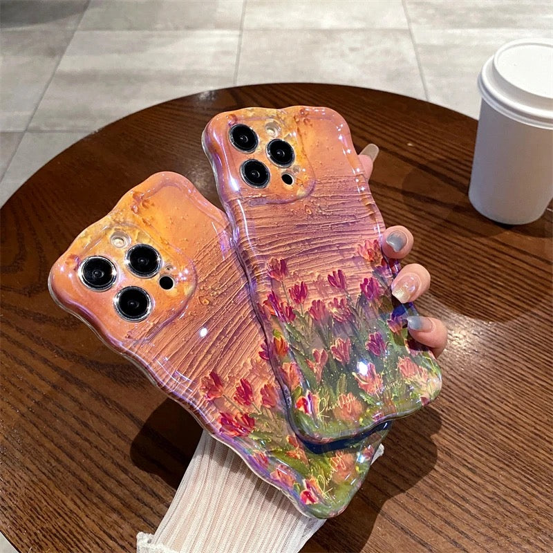 Protective Apple iPhone Back Cover - Orange Sunset Laser Floral Flowers Holographic iPhone Soft Silicone Case - Style 2