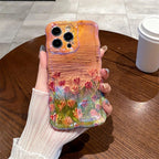 Protective Apple iPhone Back Cover - Orange Sunset Laser Floral Flowers Holographic iPhone Soft Silicone Case