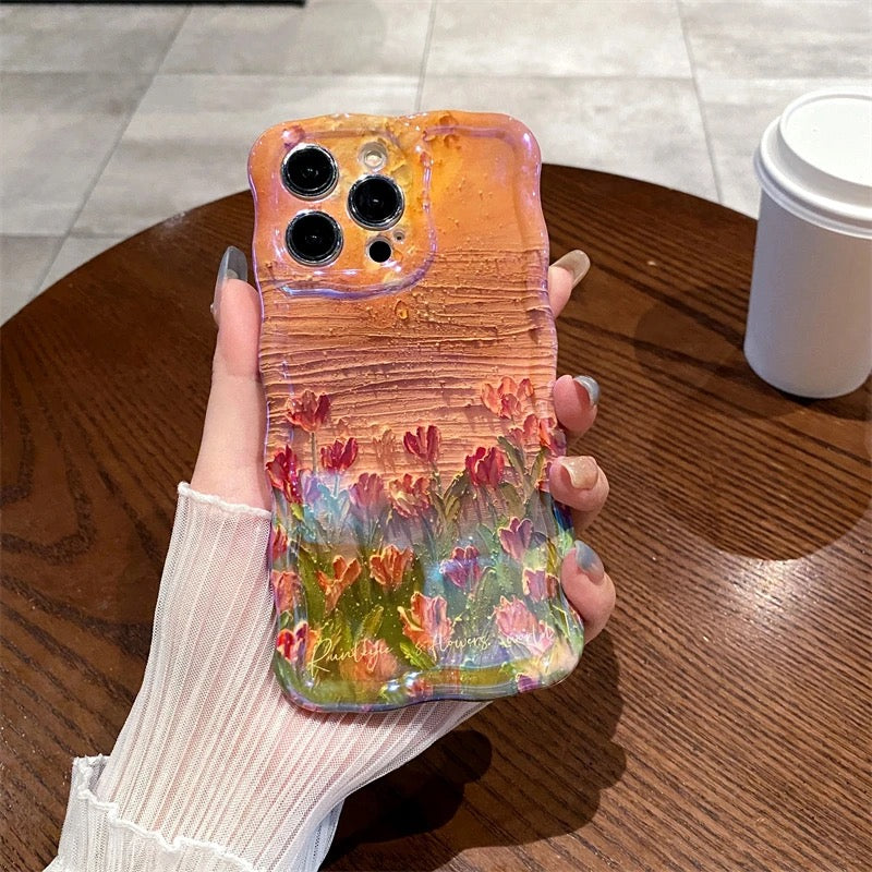 Protective Apple iPhone Back Cover - Orange Sunset Laser Floral Flowers Holographic iPhone Soft Silicone Case