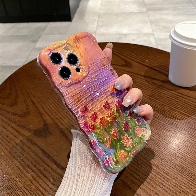 Protective Apple iPhone Back Cover - Orange Sunset Laser Floral Flowers Holographic iPhone Soft Silicone Case - Style 3
