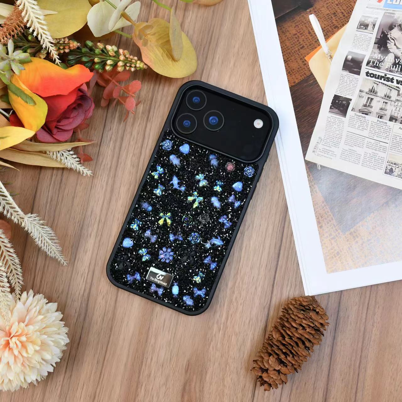 Protective Apple iPhone Back Cover - Floral Swarovski Bling World Glitter Case for iPhone 17 Pro (Black)