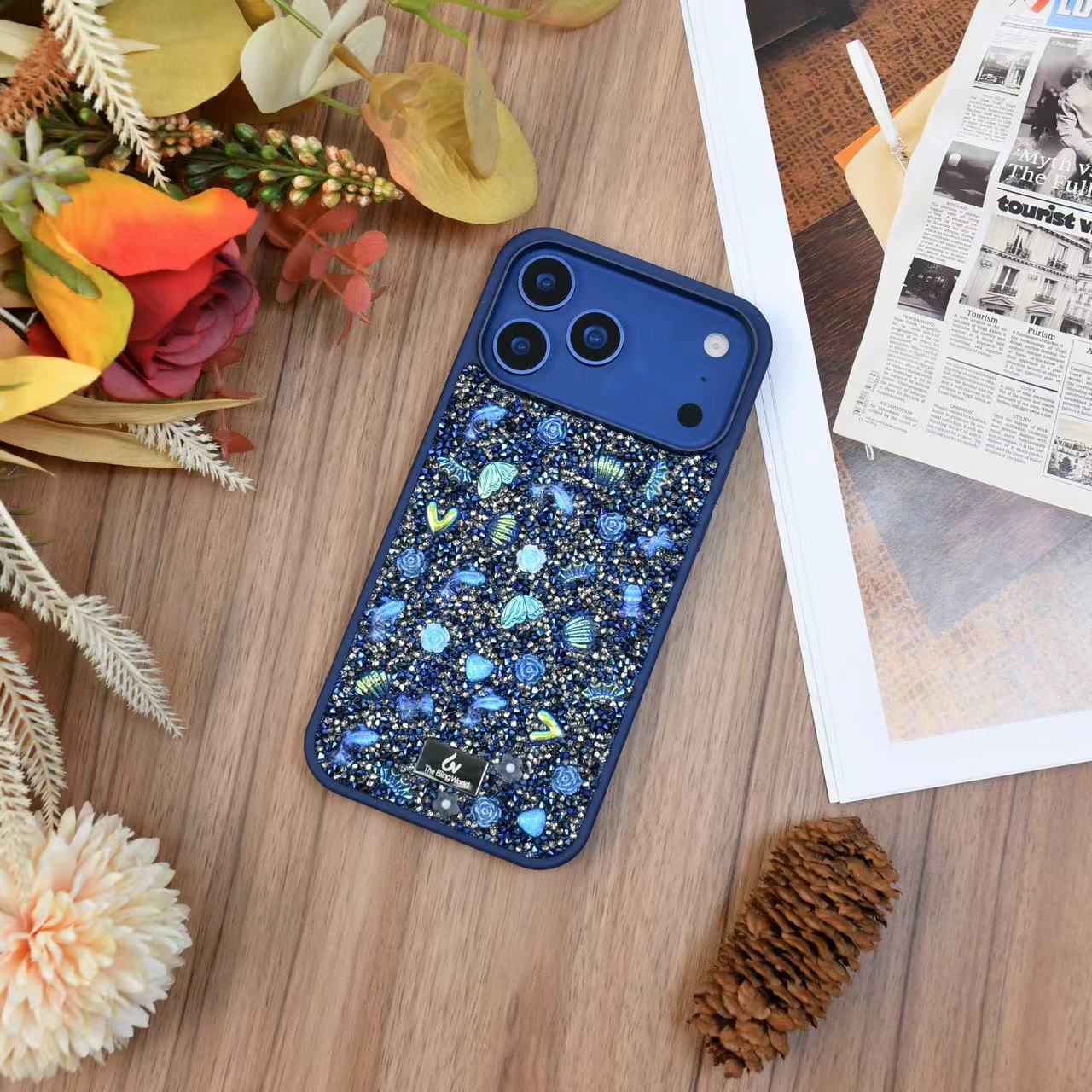 Protective Apple iPhone Back Cover - Floral Swarovski Bling World Glitter Case for iPhone 17 Pro (Blue)