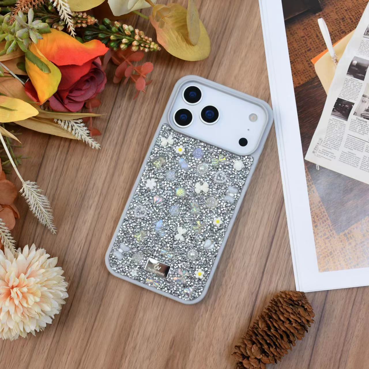 Protective Apple iPhone Back Cover - Floral Swarovski Bling World Glitter Case for iPhone 17 Pro (Grey)