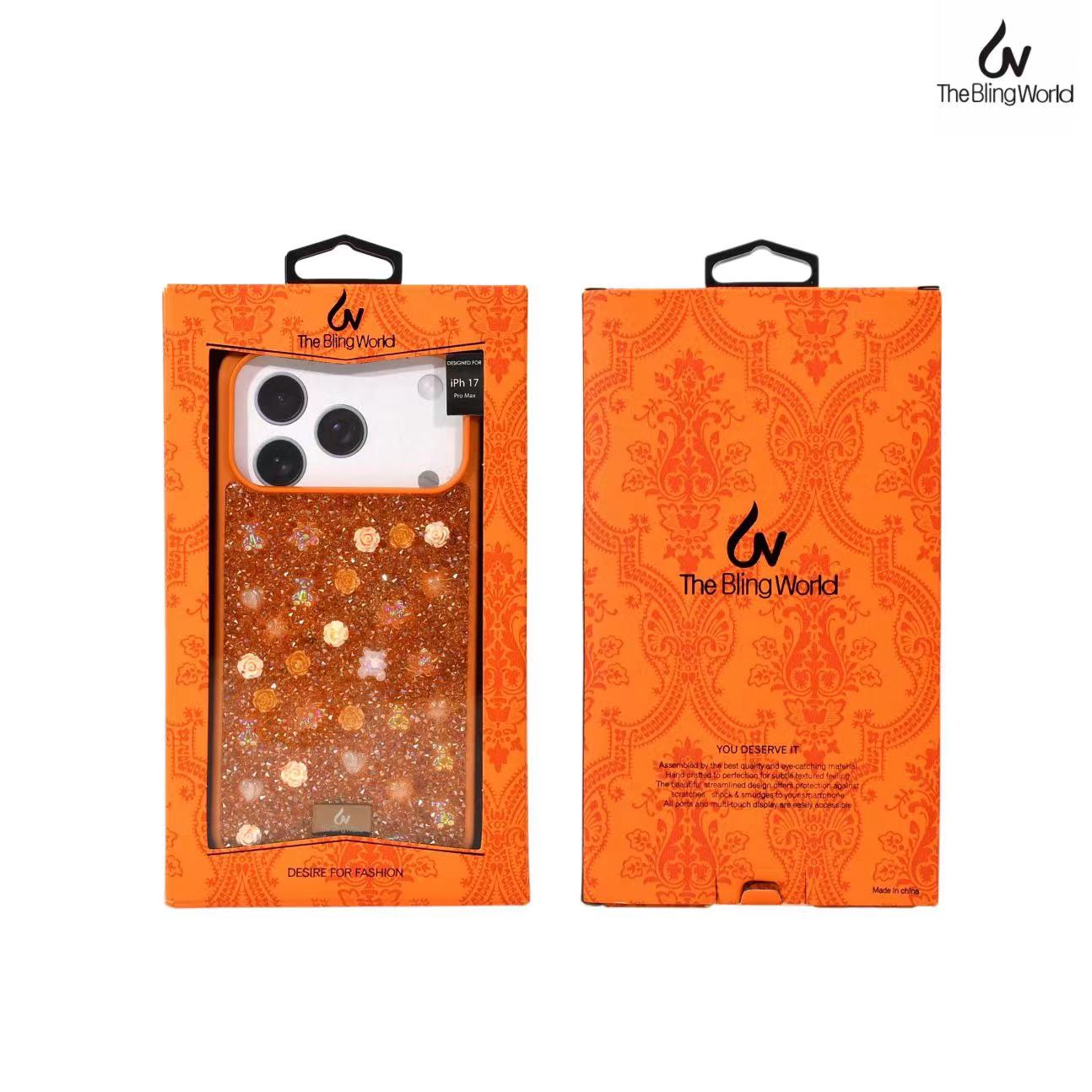 Protective Apple iPhone Back Cover - Floral Swarovski Bling World Glitter Case for iPhone 17 Pro (Orange) - Style 2