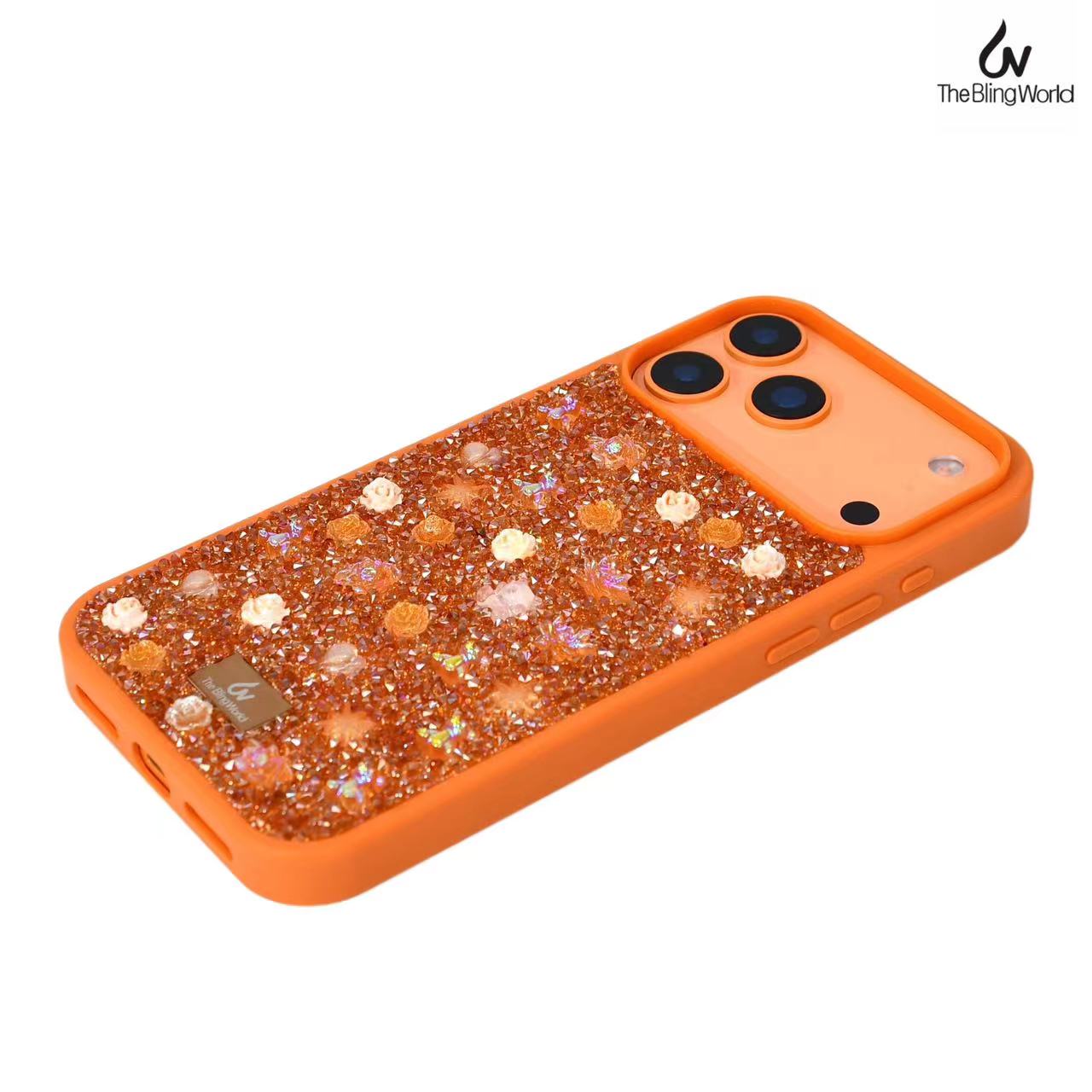 Floral Swarovski Bling World Glitter Case for iPhone 17 Pro Max (Orange)