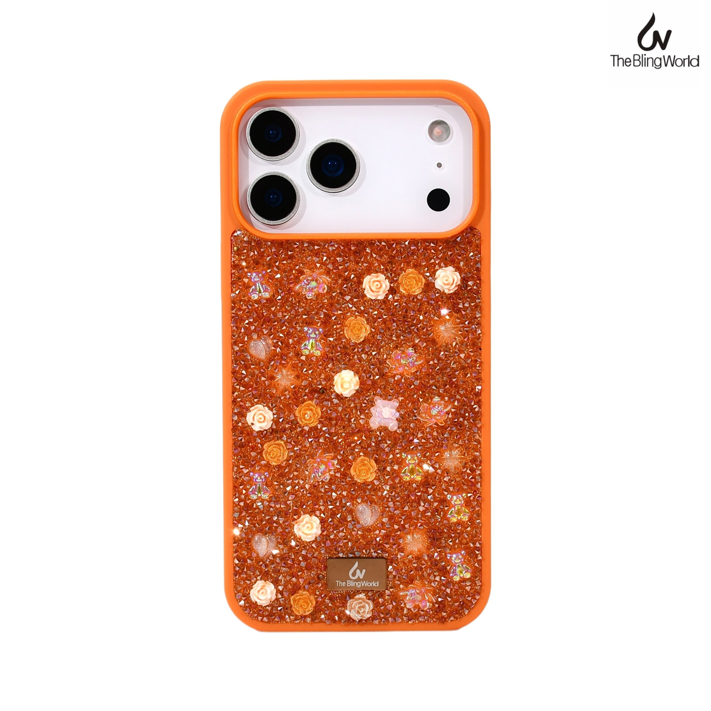 Protective Apple iPhone Back Cover - Floral Swarovski Bling World Glitter Case for iPhone 17 Pro (Orange)