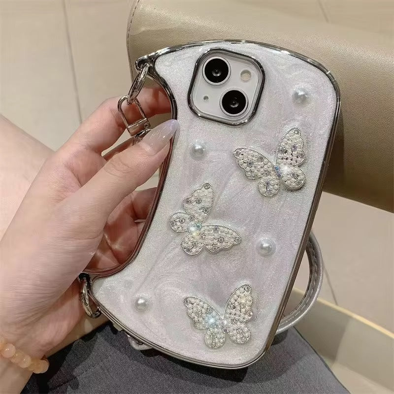 Protective Apple iPhone Back Cover - 3D Glitter Butterfly Wallet Bag Style iPhone Pre-Order White Silicone Case - Style 3