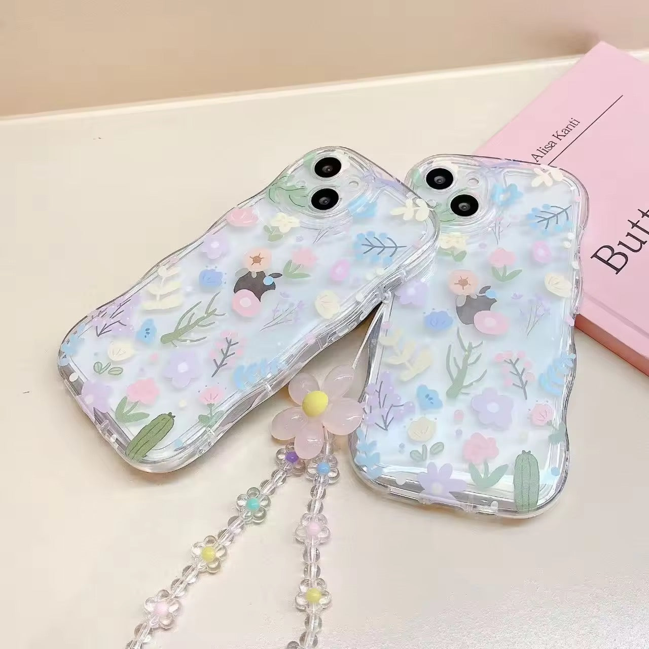 Protective Apple iPhone Back Cover - Cute Floral Flower Big Lanyard Bracelet Transparent iPhone Soft Case - Style 2