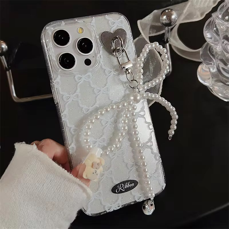 Protective Apple iPhone Back Cover - 3D Pearl Knot Sparkle Blue Bow Transparent iPhone Soft Case - Style 2
