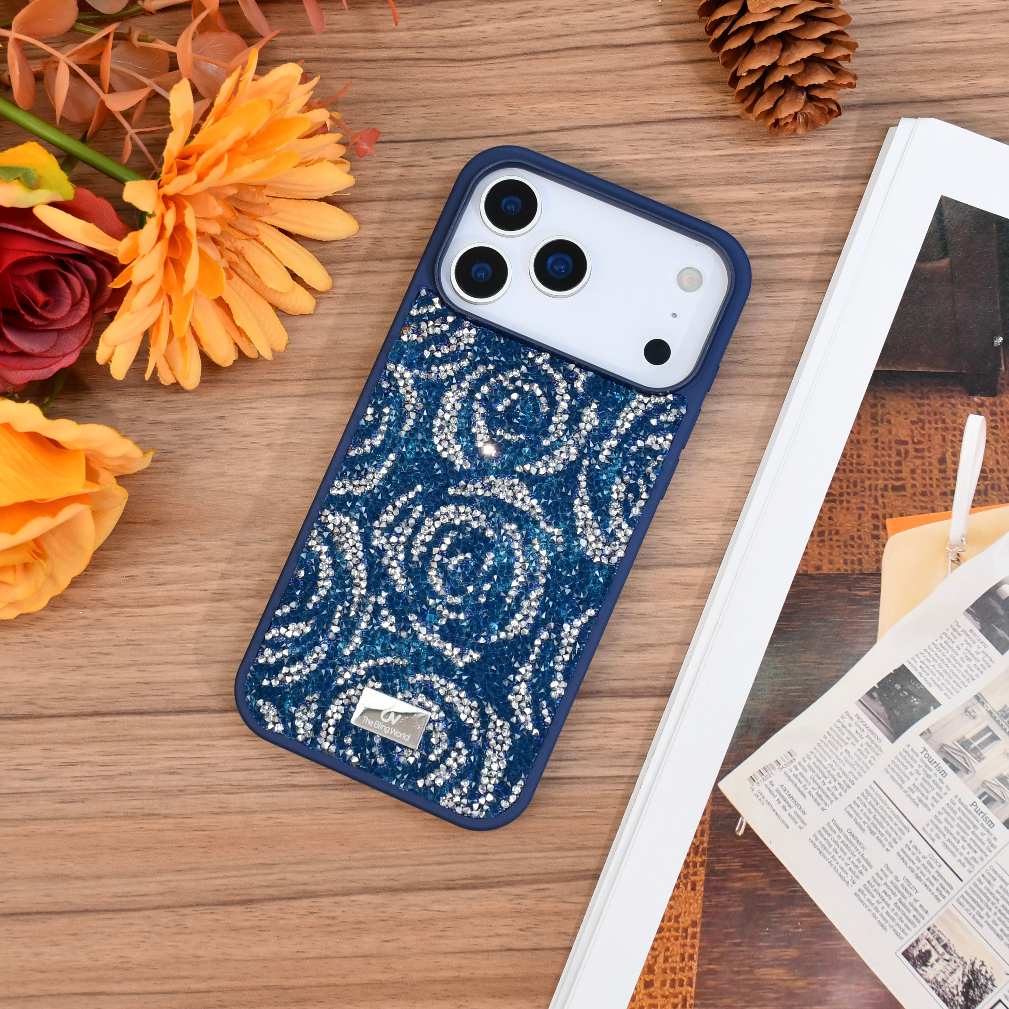 Bling World Swarovski Rose Design Glitter Case for iPhone 17 Pro Max (Blue)