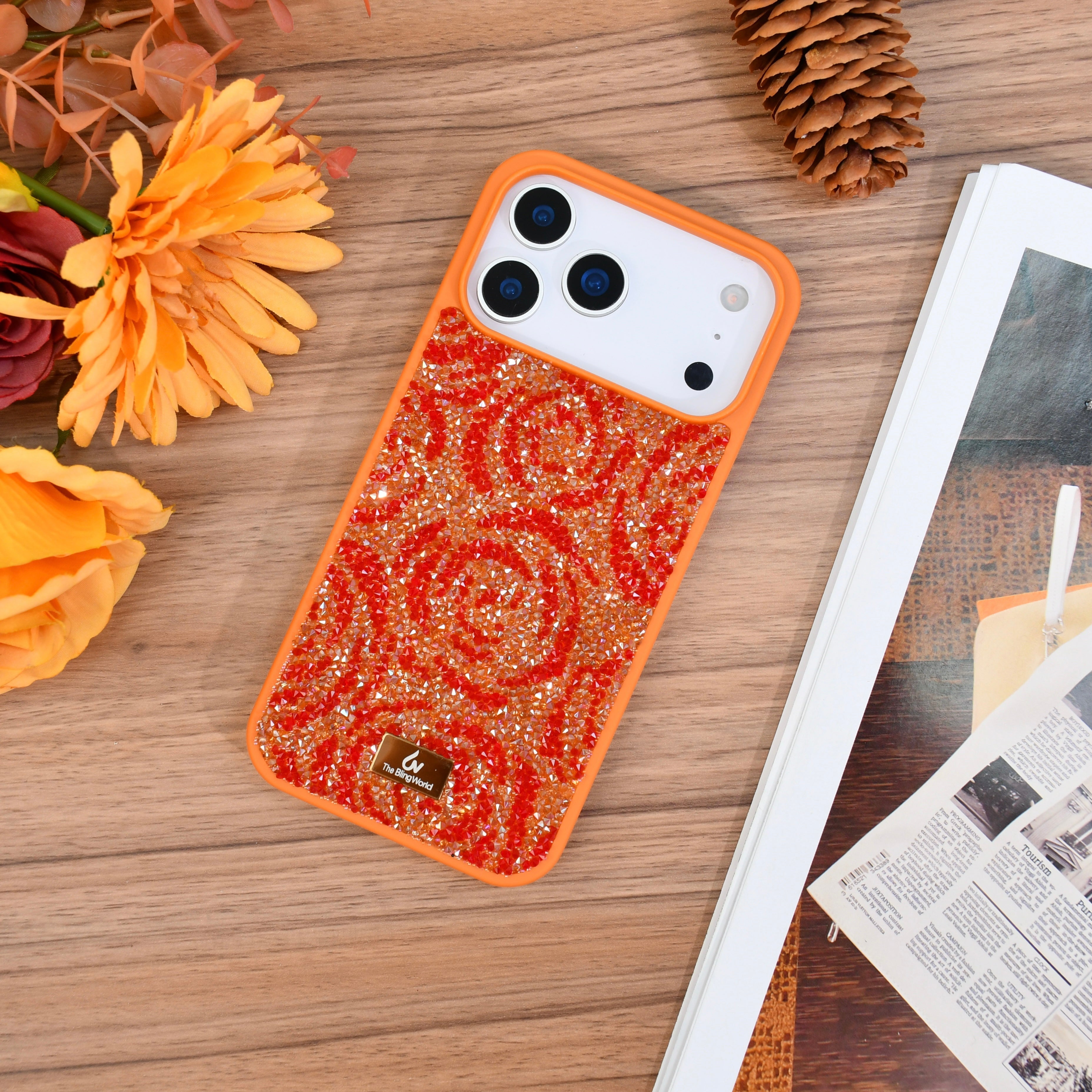 Protective Apple iPhone Back Cover - Bling World Swarovski Rose Design Glitter Case for iPhone 17 Pro (Orange)