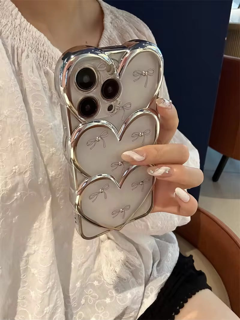 Protective Apple iPhone Back Cover - 3D Hearts Cute Bow Transparent Studded iPhone Soft Case - Style 3