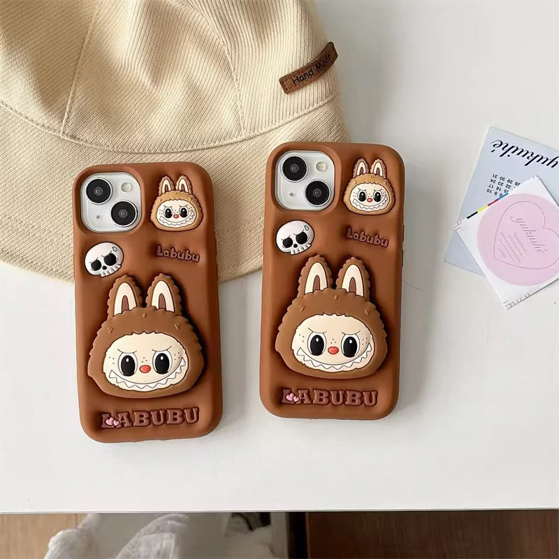 Protective Apple iPhone Back Cover - 3D Labubu Monster Brown Phone Holder Trending Shockproof Rubber Silicone iPhone Case