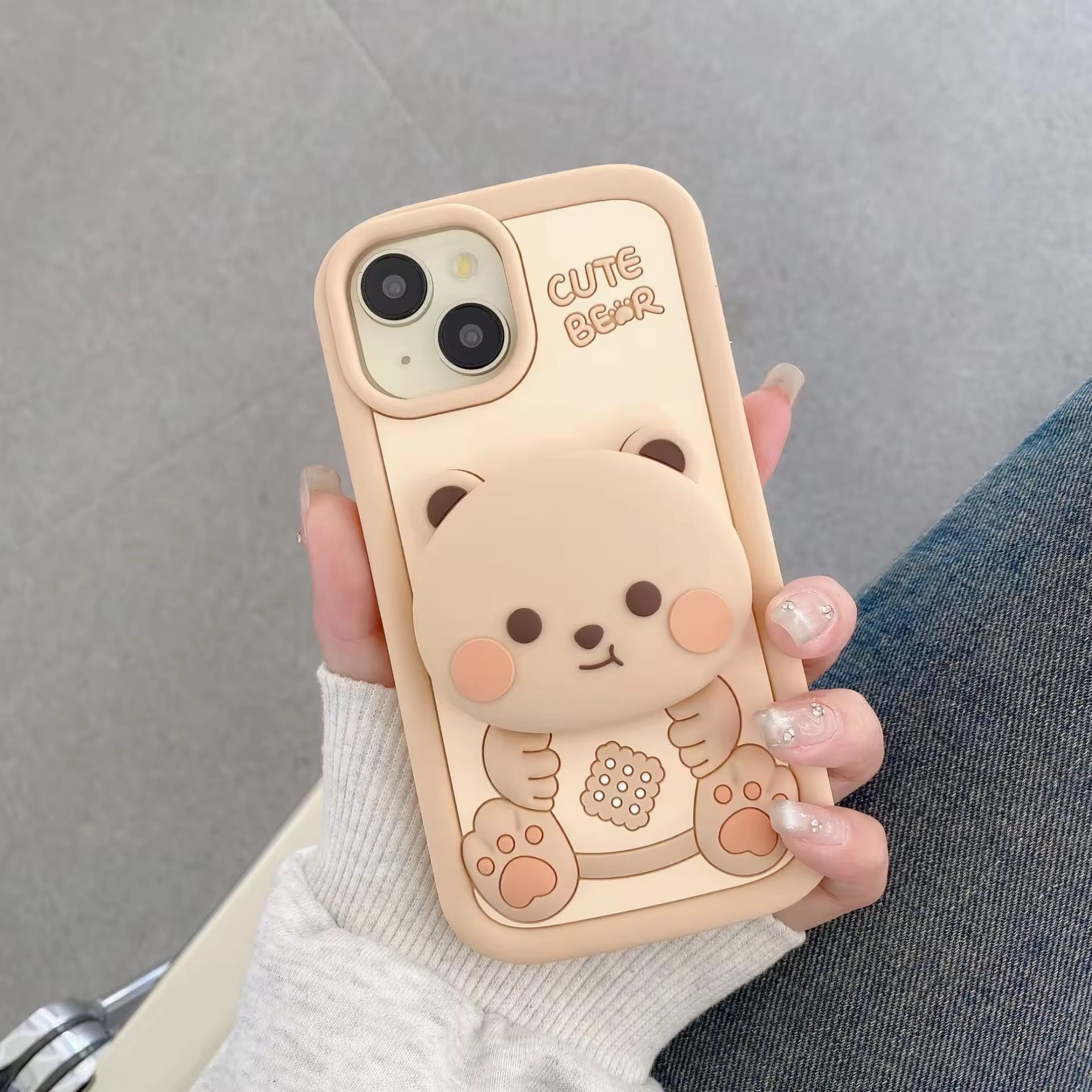 Protective Apple iPhone Back Cover - 3D Cute Teddy Bear Stand Holder iPhone Soft Silicone Rubber Case - Style 3