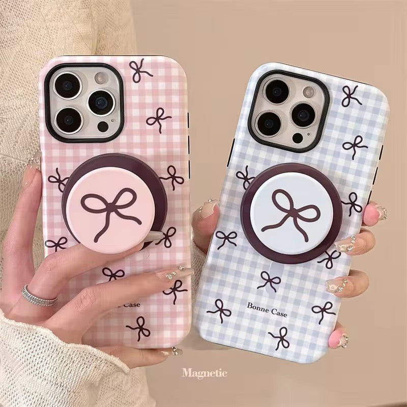 Protective Apple iPhone Back Cover - Cute Pink Blue Bow Glossy Magsafe Plaid Magnetic Phone Holder iPhone Pre-Order Case - Style 2