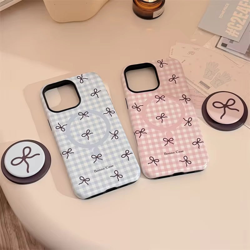 Protective Apple iPhone Back Cover - Cute Pink Blue Bow Glossy Magsafe Plaid Magnetic Phone Holder iPhone Pre-Order Case - Style 5