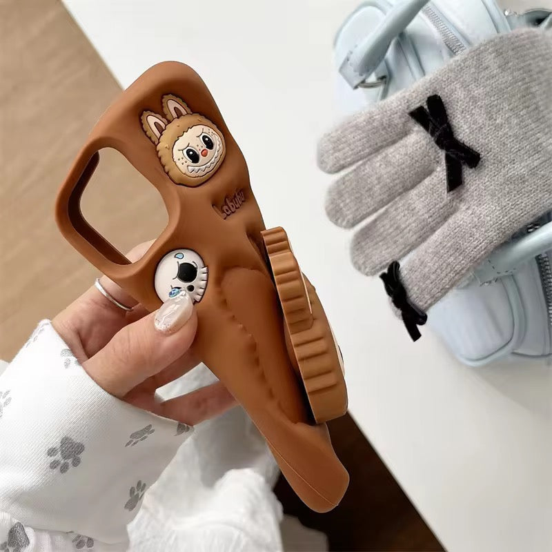 Protective Apple iPhone Back Cover - 3D Labubu Monster Brown Phone Holder Trending Shockproof Rubber Silicone iPhone Case - Style 4
