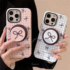 Protective Apple iPhone Back Cover - Cute Pink Blue Bow Glossy Magsafe Plaid Magnetic Phone Holder iPhone Pre-Order Case