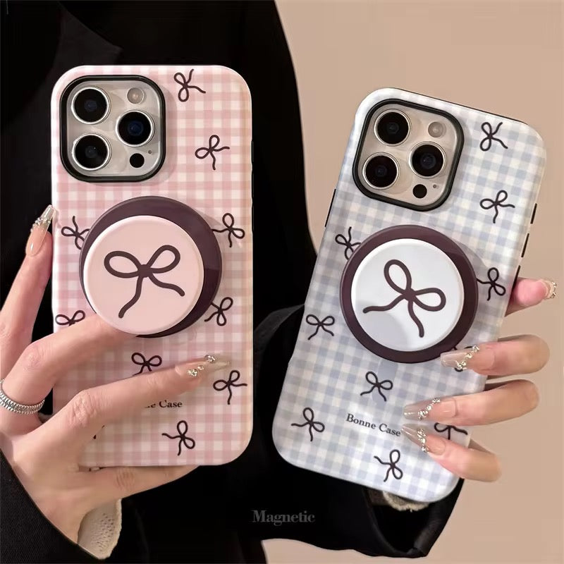 Protective Apple iPhone Back Cover - Cute Pink Blue Bow Glossy Magsafe Plaid Magnetic Phone Holder iPhone Pre-Order Case