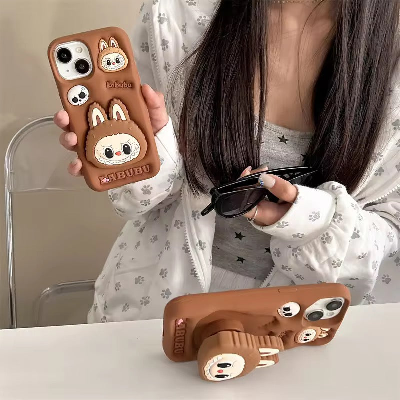 Protective Apple iPhone Back Cover - 3D Labubu Monster Brown Phone Holder Trending Shockproof Rubber Silicone iPhone Case - Style 3