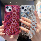 Protective Apple iPhone Back Cover - Silver Diamond Textured Glitter Bling Studded Strap Bracelet iPhone Soft Case - Style 2