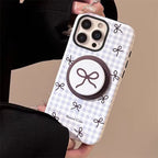 Protective Apple iPhone Back Cover - Cute Pink Blue Bow Glossy Magsafe Plaid Magnetic Phone Holder iPhone Pre-Order Case - Style 4