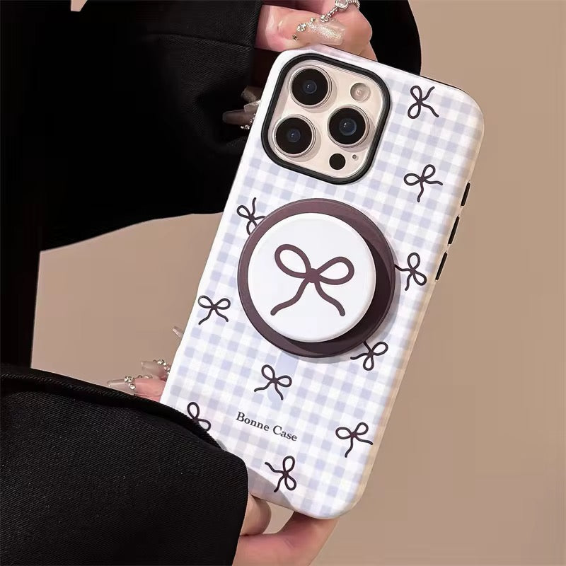 Protective Apple iPhone Back Cover - Cute Pink Blue Bow Glossy Magsafe Plaid Magnetic Phone Holder iPhone Pre-Order Case - Style 4