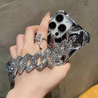 Protective Apple iPhone Back Cover - Silver Diamond Textured Glitter Bling Studded Strap Bracelet iPhone Soft Case - Style 7