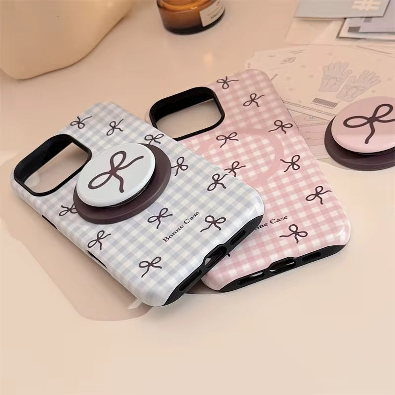 Protective Apple iPhone Back Cover - Cute Pink Blue Bow Glossy Magsafe Plaid Magnetic Phone Holder iPhone Pre-Order Case - Style 3