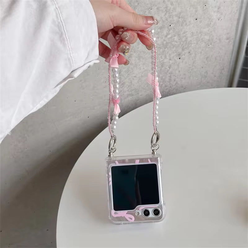 Samsung Z Flip Pink Silver Bow Lanyard Pre-Order Case Mobile Case by CoverMeUp - Style 3