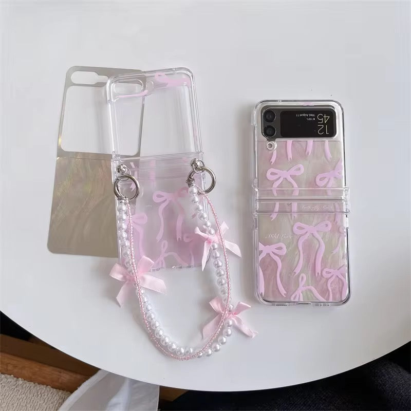 Samsung Z Flip Pink Silver Bow Lanyard Pre-Order Case Mobile Case by CoverMeUp - Style 6