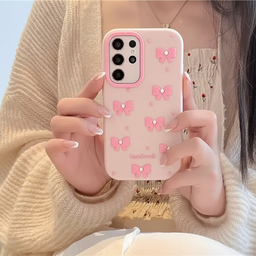 Protective Apple iPhone Back Cover - 3D iPhone Samsung Redmi Pink Kawaii Pearl Bow Pre-Order Phone Holder Stand Rubber Silicone Case