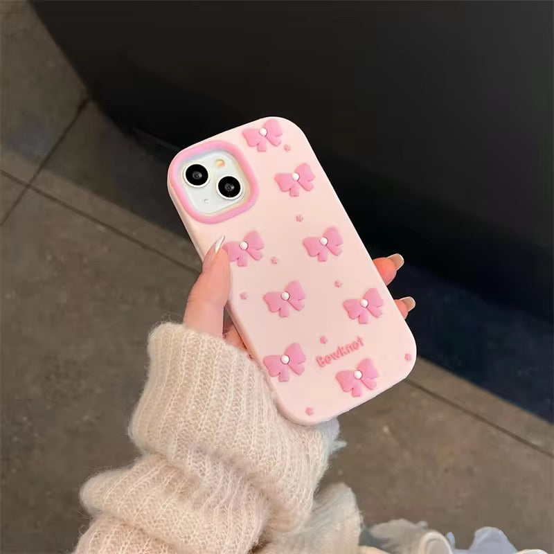 Protective Apple iPhone Back Cover - 3D iPhone Samsung Redmi Pink Kawaii Pearl Bow Pre-Order Phone Holder Stand Rubber Silicone Case - Style 2