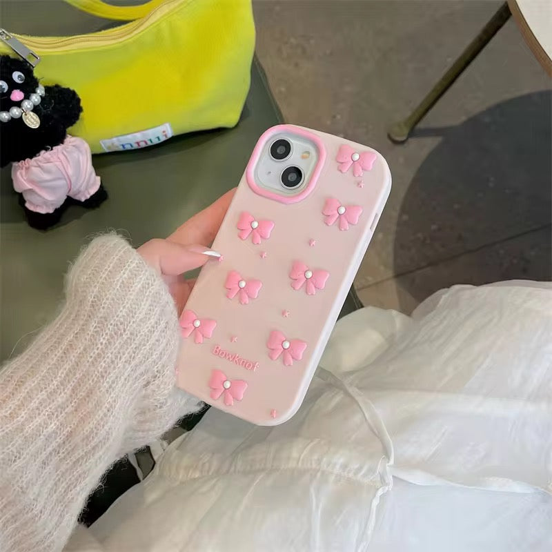 Protective Apple iPhone Back Cover - 3D iPhone Samsung Redmi Pink Kawaii Pearl Bow Pre-Order Phone Holder Stand Rubber Silicone Case - Style 3